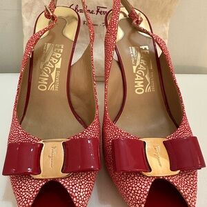 Salvatore Ferragamo Bloomy Peeptoe Red Stingray Textured Slingback Heels